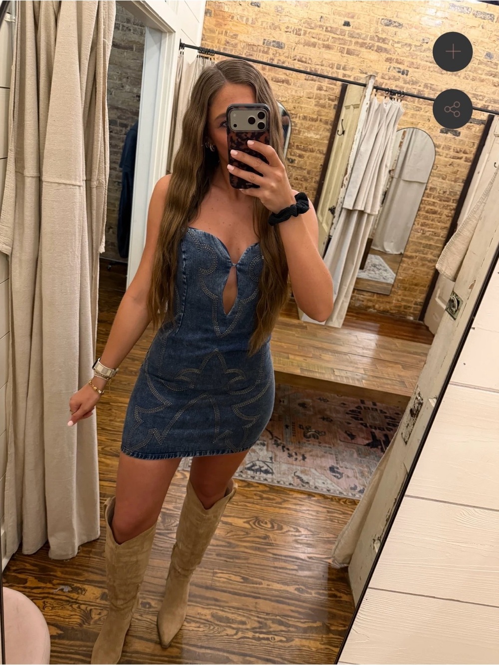 Strapless Denim Mini Dress with Keyhole Detail - Blue